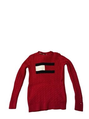 Tommy Hilfiger Red Cable Knit Crewneck with Black and Cream Block